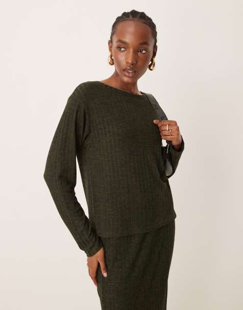 JDY ribbed top co-ord in khaki - view 1