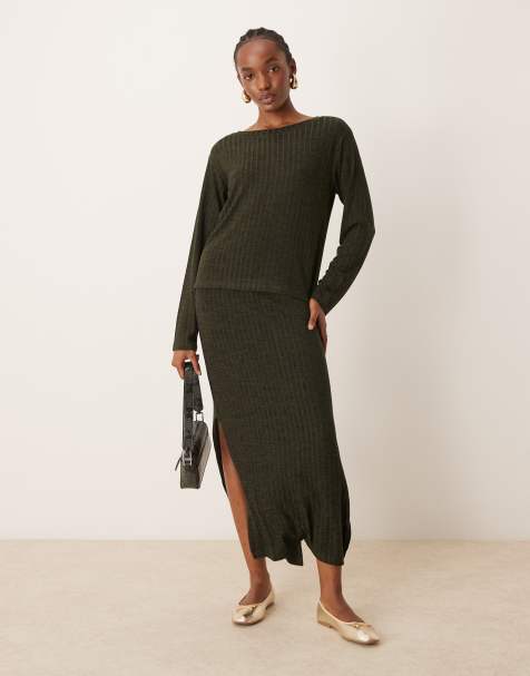JDY ribbed top & skirt co-ord in khaki - view 1