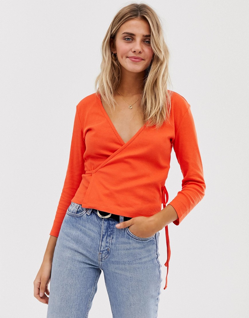 JDY ribbed wrap cropped top-Red