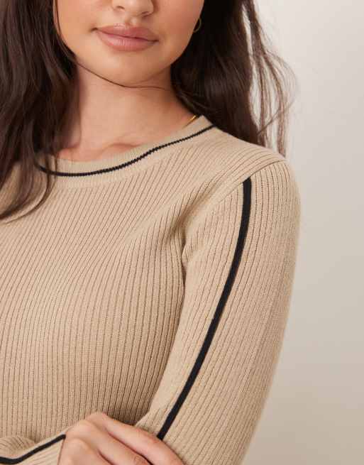 JDY - Ribgebreide trui met contrasterende details in beige, 2 van 4