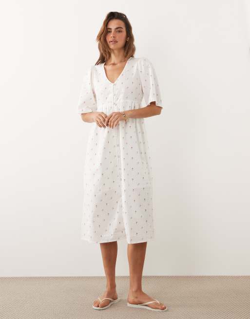 JDY - Robe boutonnée mi-longue à col V et petites fleurs - Crème/rouge, 2 de 4