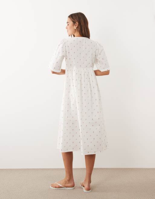 JDY - Robe boutonnée mi-longue à col V et petites fleurs - Crème/rouge, 4 de 4