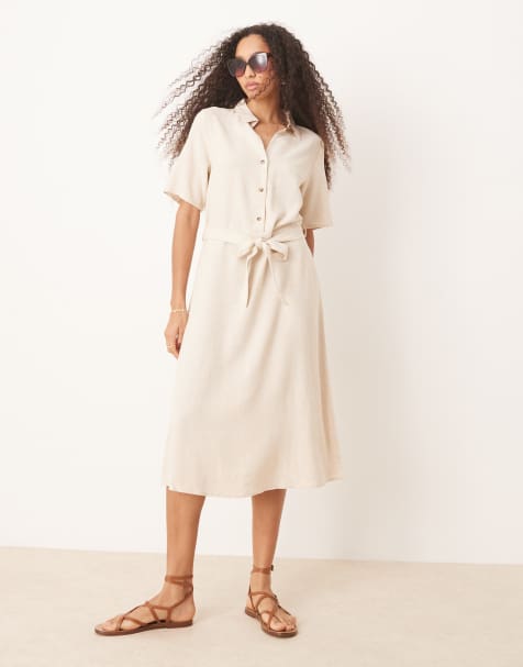 JDY - Robe chemise mi-longue en lin mélangé - Beige - view 1
