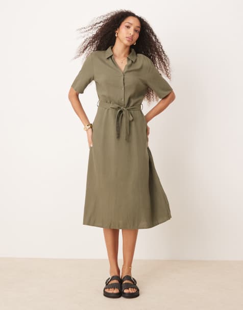 JDY - Robe chemise mi-longue en lin mélangé - Kaki - view 1