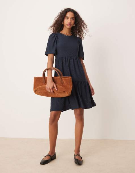 JDY - Robe courte à volants en broderie anglaise - Bleu marine - view 1