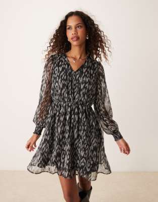 JDY - Robe courte babydoll à col V - Imprimé léopard noir - view 1