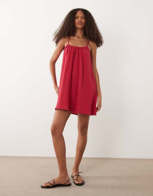JDY - Robe courte sans manches en gaze de coton - Rouge, 2 de 4
