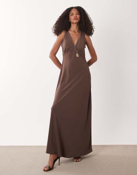 JDY - Robe longue à col V - Marron - view 1