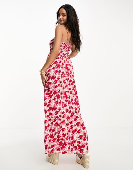 JDY - Robe longue à imprimé coquelicots et détail froncé - Rose/rouge, 2 de 4