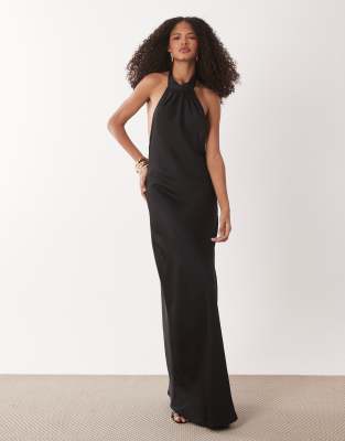 Robe longue dos nu en satin - Noir-Argenté XL