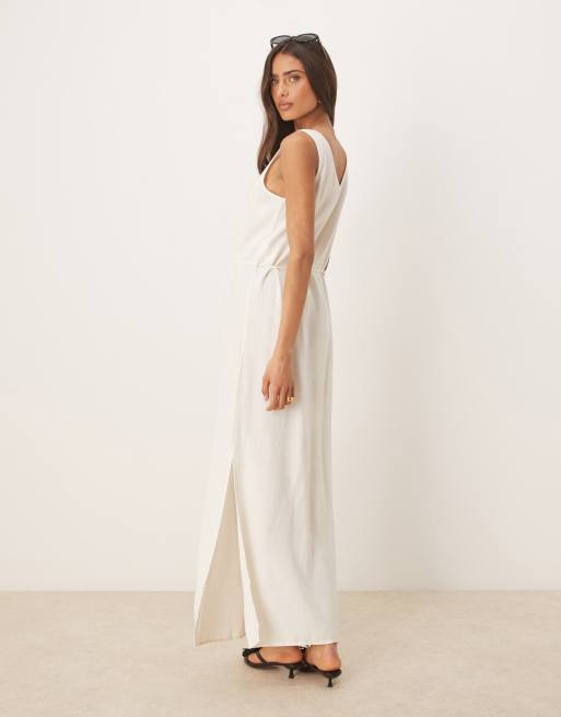 JDY - Robe longue en lin mélangé nouée à la taille - Blanc, 3 de 4