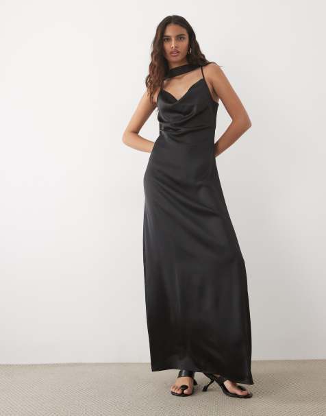 JDY robe longue en satin à col bénitier, dos nu et écharpe, gris anthracite - view 1