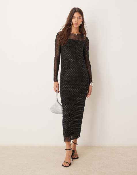 JDY - Robe longue en tulle à clous avec manches longues - Noir - view 1