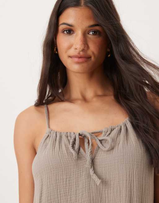 JDY - Robe longue et sans manches en gaze avec liens noués à l'avant - Marron, 4 de 4