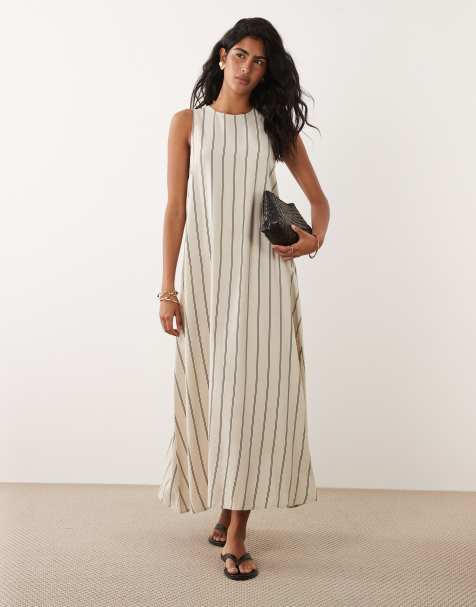 JDY - Robe longue sans manches en lin mélangé à rayures - Blanc et noir - view 1