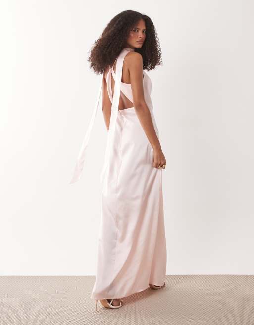 JDY - Robe longue satinée à col bénitier avec foulard et dos ouvert - Rose pâle, 2 de 4