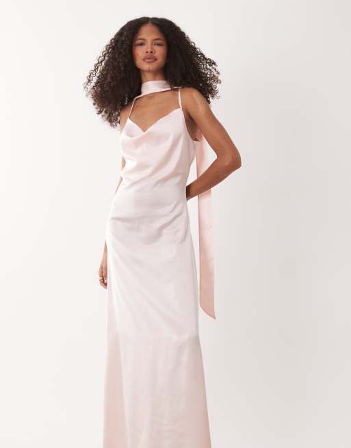 JDY - Robe longue satinée à col bénitier avec foulard et dos ouvert - Rose pâle, 3 de 4