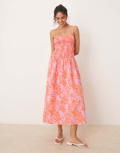 JDY - Robe longueur mollet froncée à taille basse - Imprimé rose et orange - view 1