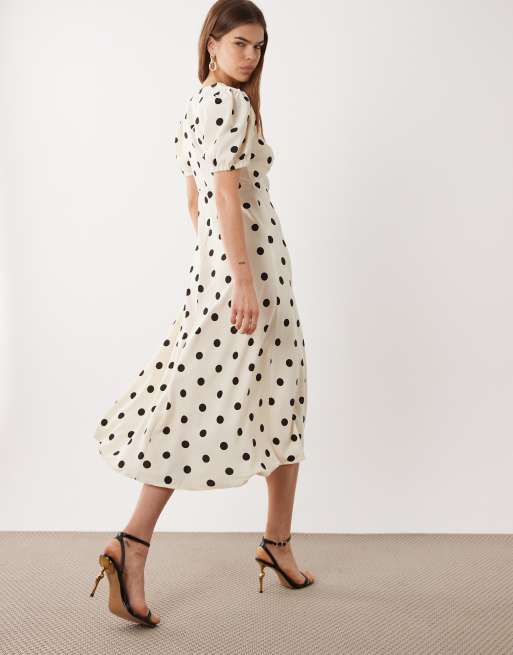 JDY - Robe mi-longue à pois et col V - Crème, 3 de 4