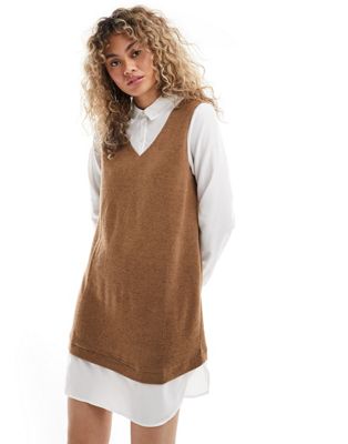 JDY 2 in 1 shirt jumper dress in brown - ASOS Price Checker