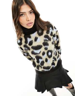 JDY roll neck fluffy jumper in blue leopard print-Multi