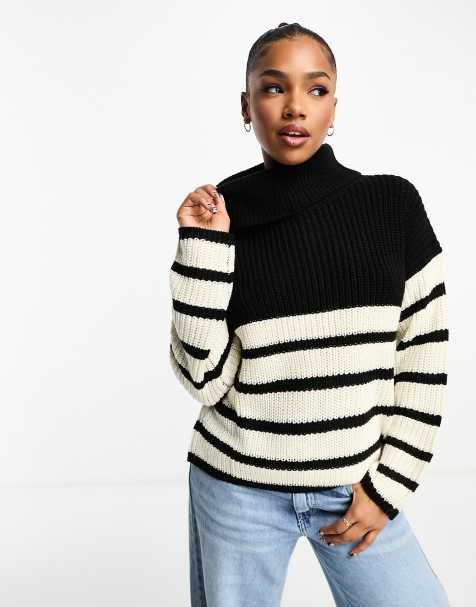 JDY roll neck jumper in black and white stripe - view 1