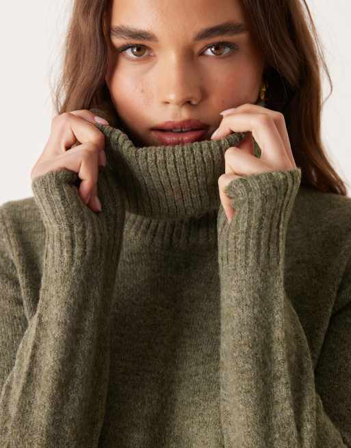 JDY roll neck knitted dress in khaki melange, 2 of 4