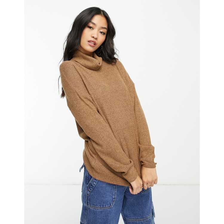 JDY roll neck longline jumper in light brown