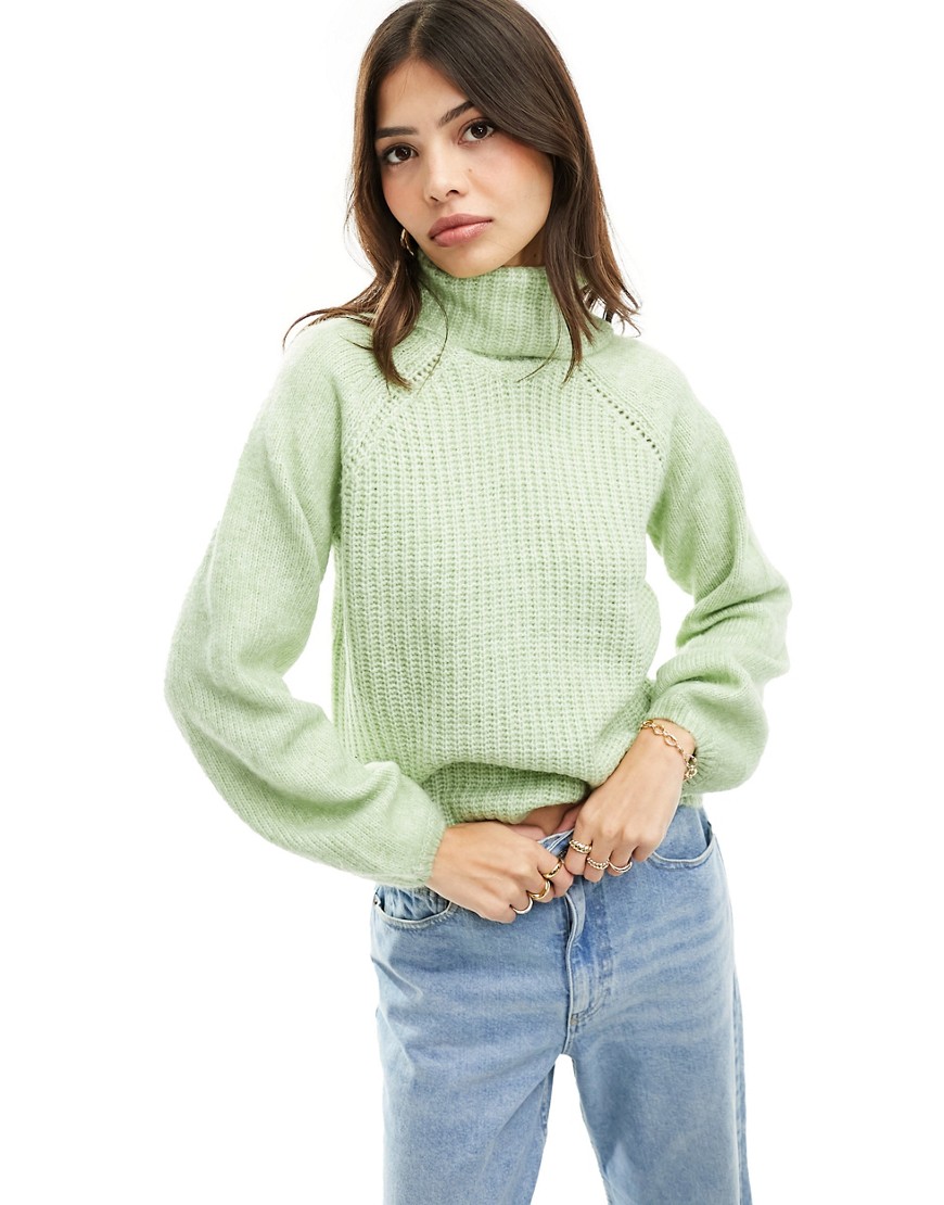 Jdy Roll Neck Puff Sleeve Sweater In Pale Green