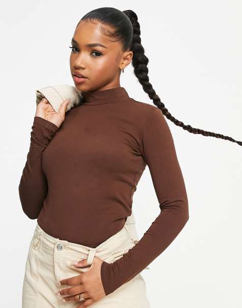 JDY roll neck top in brown - view 1