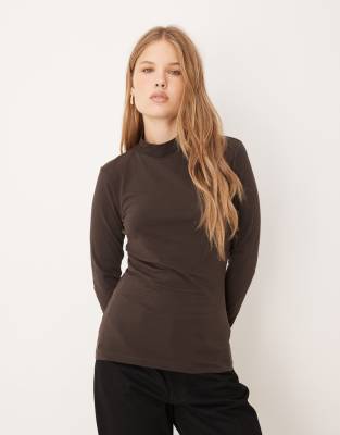 JDY JDY roll neck top in dark chocolate brown
