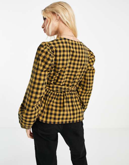 JDY rome long sleeve wrap puff sleeve top in check print, 2 of 4