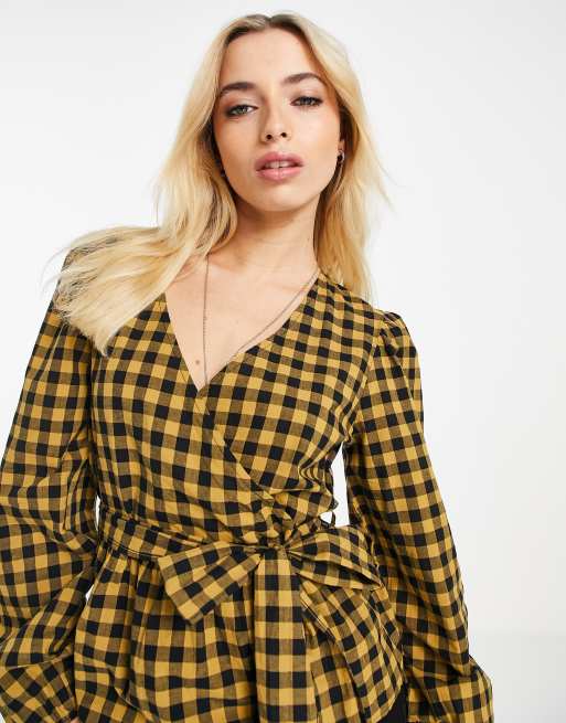 JDY rome long sleeve wrap puff sleeve top in check print, 3 of 4