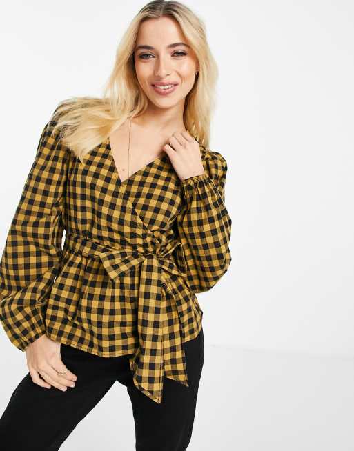 JDY rome long sleeve wrap puff sleeve top in check print, 4 of 4