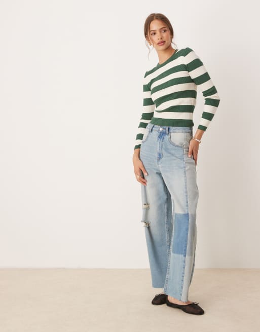 JDY round neck jumper in green stripe, 2 of 4