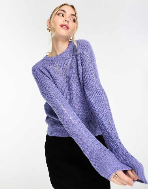 V-Neck Pointelle Knit Sweater in Dusty Blue - Retro, Indie and