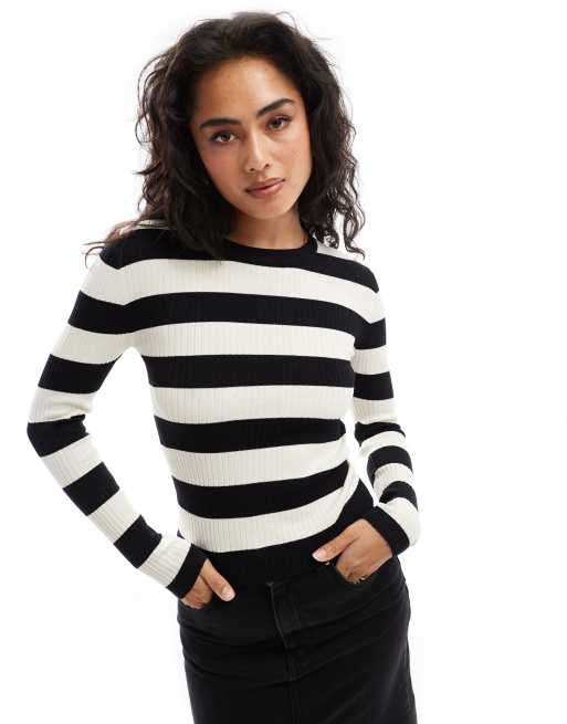 JDY round neck stripe jumper in black and white | ASOS