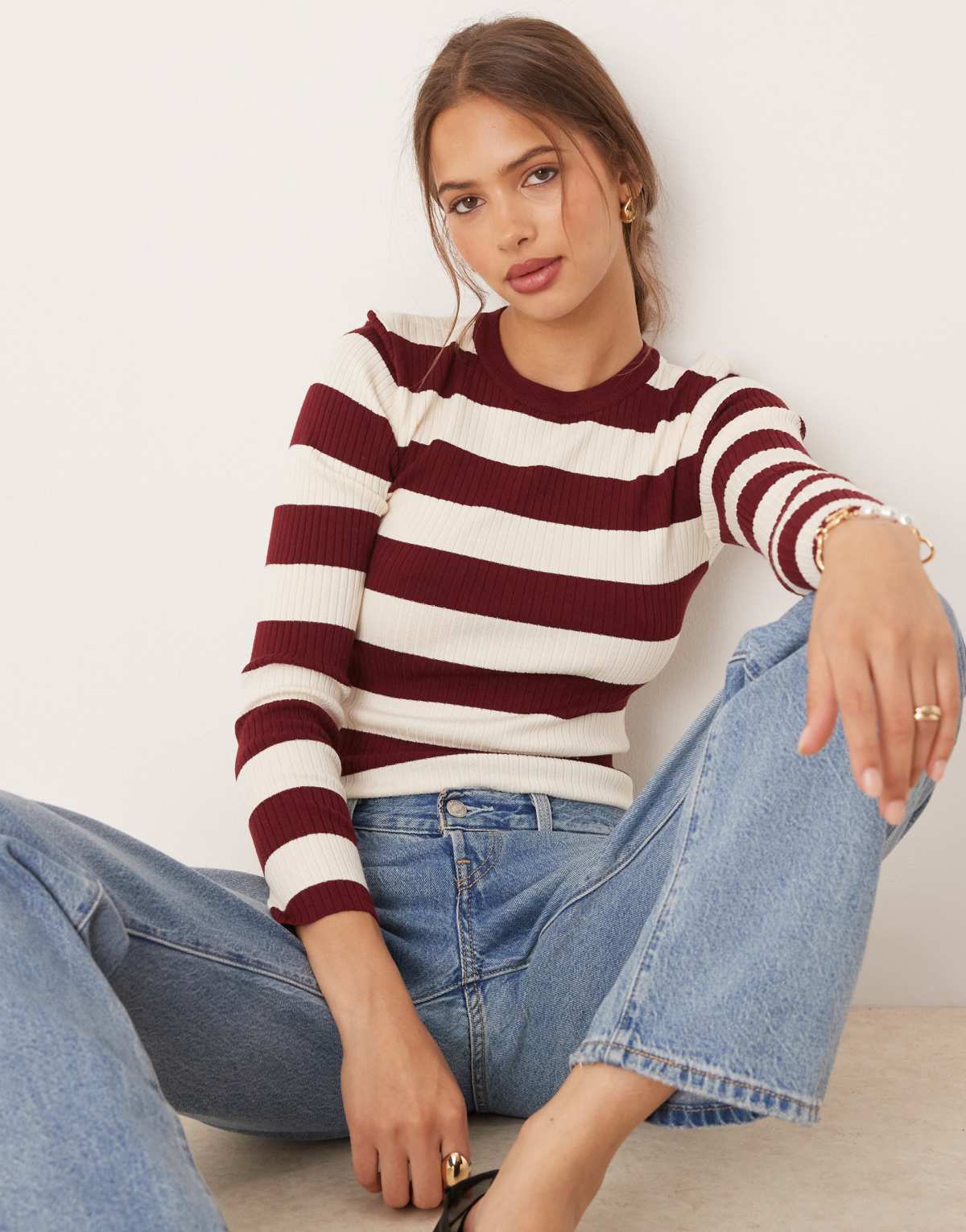 JDY round neck stripe jumper in burgundy stripe