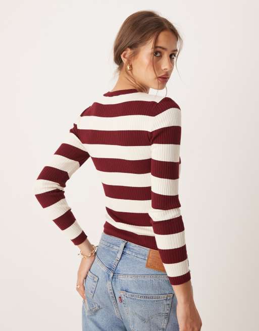 JDY round neck stripe jumper in burgundy stripe, 4 of 4