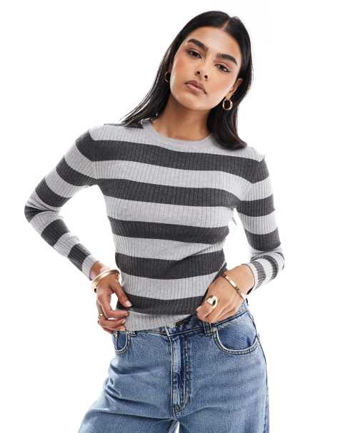 JDY round neck striped sweater in gray - view 1
