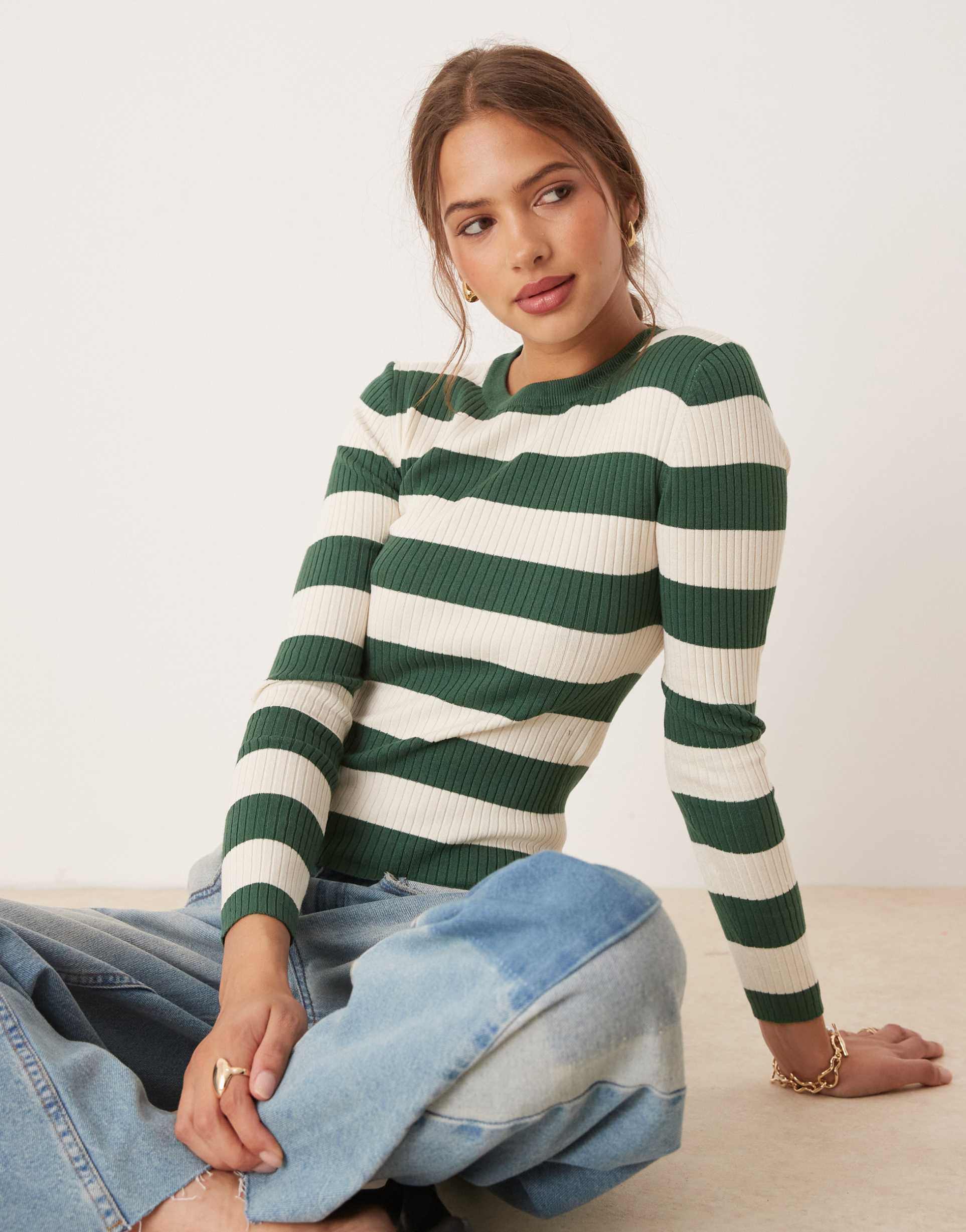 jdy round neck sweater in green stripes
