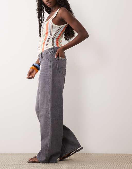 JDY Ruby jeans a vita media a gamba larga in grigio medio, 2 di 5