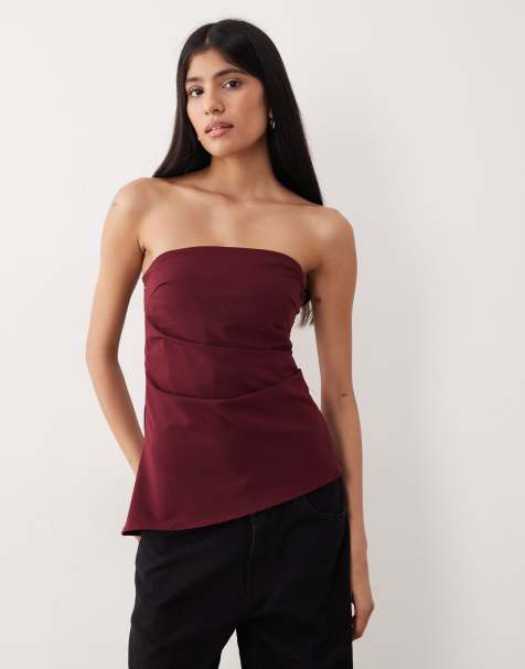 JDY ruched detail bandeau corset top in burgundy - view 1