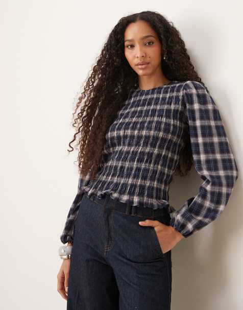 JDY ruched detail long sleeve blouse in blue gingham - view 1