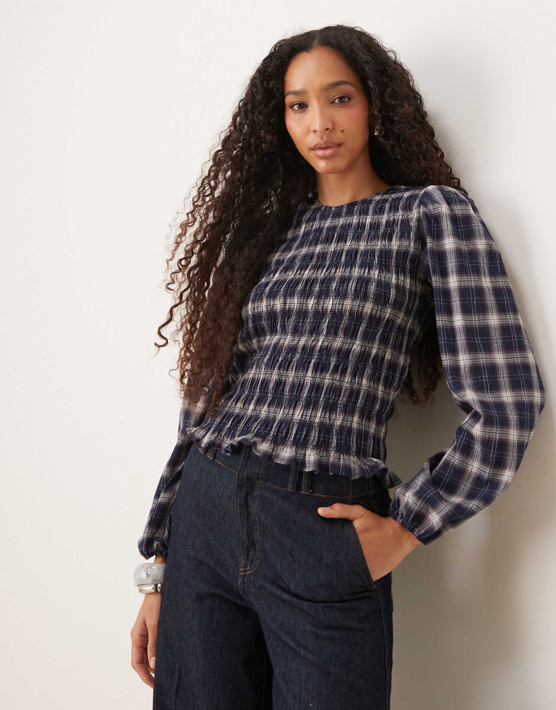 jdy ruched detail long sleeve blouse in blue gingham
