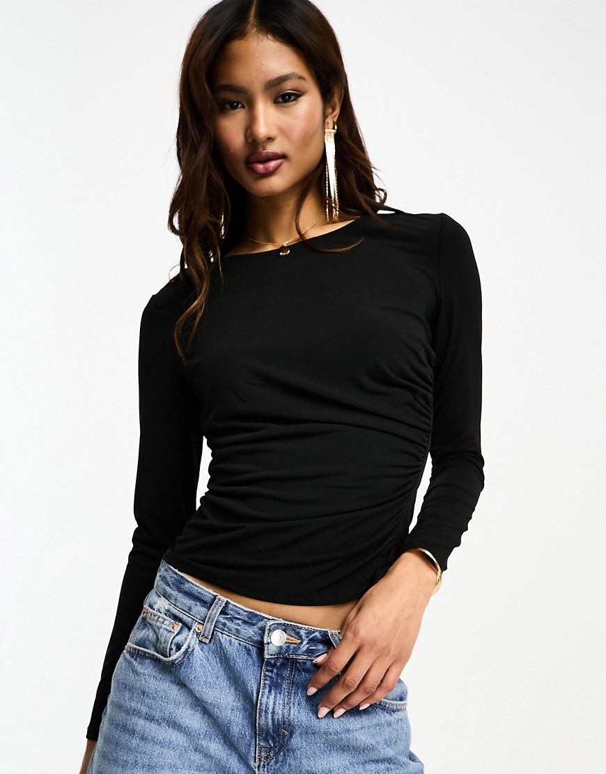 JDY ruched detail long sleeve top in black