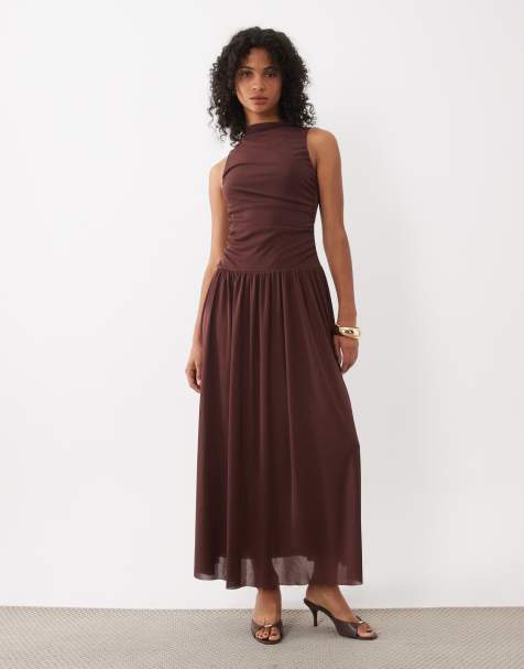 JDY ruched detail maxi dress in brown - view 1
