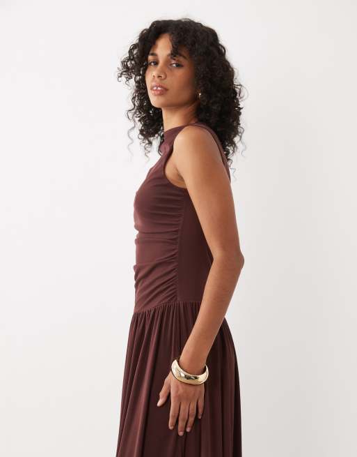 JDY ruched detail maxi dress in brown, 2 of 4