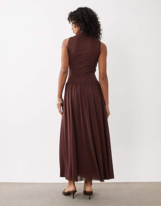 JDY ruched detail maxi dress in brown, 4 of 4