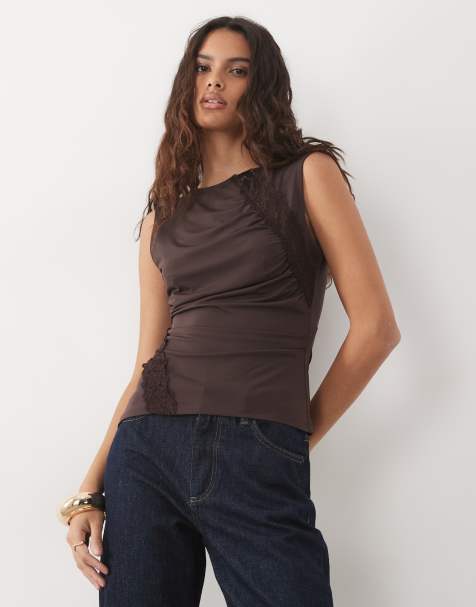 JDY ruched detail top in brown - view 1